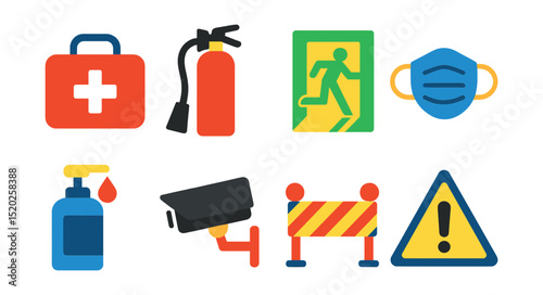 Flat vector icons of event safety and health: first aid kit, fire extinguisher, emergency exit, mask, sanitizer dispenser, security camera, crowd control barrier, safety sign.