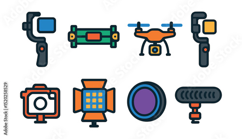 Flat vector icons of video shooting accessories: stabilizer, slider, drone, gimbal, camera cage, light panel, lens filter, shotgun microphone.