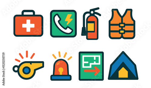 Flat vector icons of travel emergency: first aid kit, emergency phone, fire extinguisher, life vest, whistle, alarm, evacuation plan, emergency shelter.
