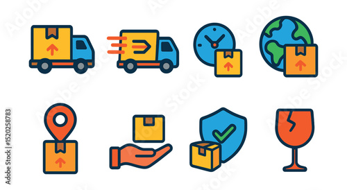 Flat vector icons of shipping methods: standard delivery, express delivery, same-day delivery, international shipping, pickup point, drop shipping, shipping insurance, fragile item.