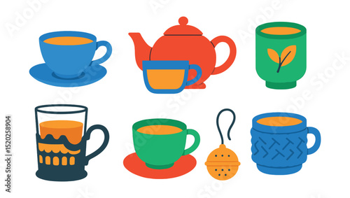 Flat vector icons of tea cups and sets: porcelain tea cup, glass tea cup, tea pot with cup, Japanese tea cup, Russian tea glass holder, cup with saucer, tea infuser, cup cozy.