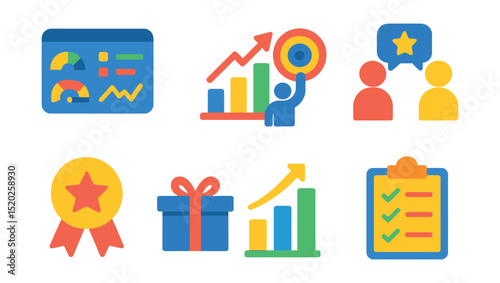 Flat vector icons of team performance: KPI dashboard, performance chart, target achievement, feedback session, recognition badge, rewards, productivity graph, improvement plan.