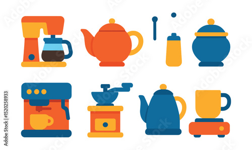 Flat vector icons of cup-related utensils: coffee maker, teapot, milk frother, sugar bowl, espresso machine, coffee grinder, kettle, cup warmer.