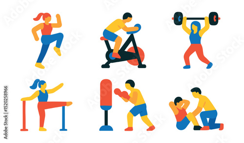 Flat vector icons of fitness classes and programs: aerobics, spin class, Zumba, CrossFit, barre, boxing workout, personal training, virtual fitness.