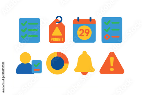Flat vector icons of task management: to-do list, priority tag, deadline calendar, checklist, task assignment, progress circle, reminder bell, overdue alert.