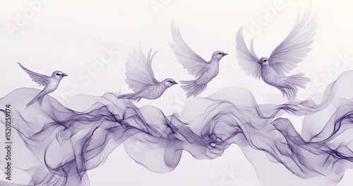 Surreal Illustration of Purple Birds Emerging from Flowing Smoke on a Soft Pastel Background with Dreamlike Composition and Artistic Line Detail
