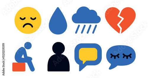 Flat vector icons of depression symptoms: sad face, tear drop, cloud with rain, broken heart, slumped posture, dark shadow, empty speech bubble, closed eyes.