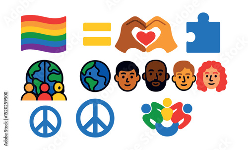 Flat vector icons of inclusion symbols: rainbow flag, equal sign, heart hands, puzzle piece, globe with people, diverse faces, peace sign, unity circle.