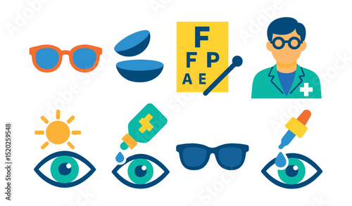 Flat vector icons of eye care: glasses, contact lenses, eye exam, ophthalmologist, UV protection, eye wash, sunglasses, eye drops.