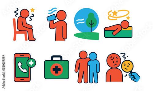 Flat vector icons of dizziness first aid: sit down, drink water, fresh air, lie down, emergency call, medical aid, support person, symptom check.