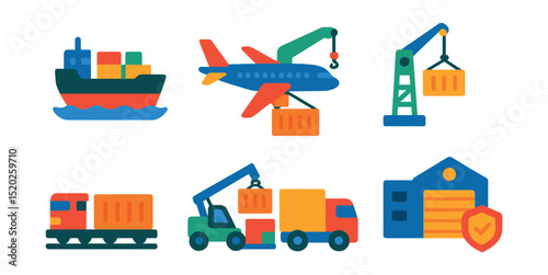 Flat vector icons of trade transportation: cargo ship, airplane freight, freight train, truck delivery, port crane, container stacking, logistic hub, customs warehouse.