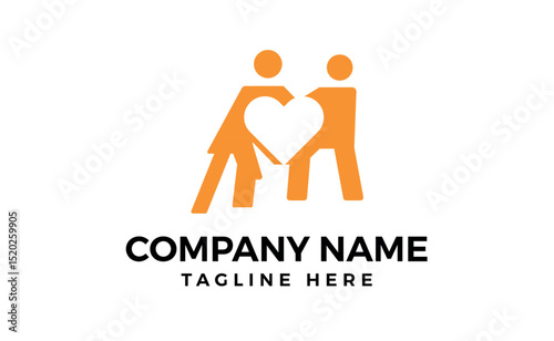 Orange heart with silhouettes of lovers hanging on a rope, man and woman.