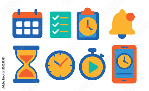 Flat vector icons of time management: calendar, checklist, deadline, reminder bell, hourglass with sand, clock with arrows, stopwatch with play button, time tracking app.