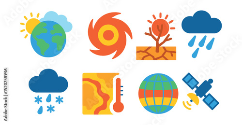 Flat vector icons of global weather and climate: globe with sun and clouds, hurricane, drought, rainstorm, snow, temperature map, climate zones, weather satellites.