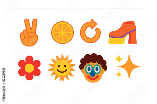 Flat vector icons of vintage groovy pack: peace hand sign, cartoon lemon slice, spiral arrow, retro platform shoe, flower with petals, smiling sun, quirky character face, sparkle dots.