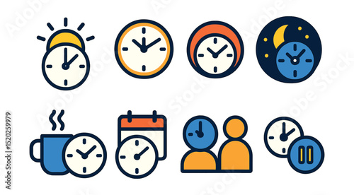 Flat vector icons of daily time concepts: morning sunrise clock, afternoon clock, evening clock, night clock with moon, clock with coffee cup, clock with calendar page, clock with meeting icon, clock