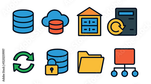 Flat vector icons of database and storage: stacked database disks, cloud storage, data warehouse, backup server, data sync arrows, encrypted storage, file folder, storage network.