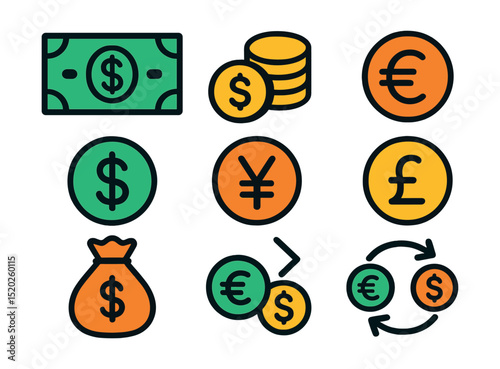 Flat vector line icons of currency and money: banknotes, coins, dollar sign, euro sign, yen sign, pound sign, money bag, currency exchange.