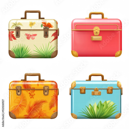 Bright Suitcase Icons in Tropical Travel Theme