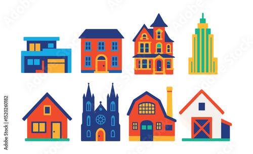Flat vector icons of architectural styles: modern house, colonial building, victorian mansion, art deco skyscraper, minimalist cabin, gothic cathedral, industrial loft, farmhouse.