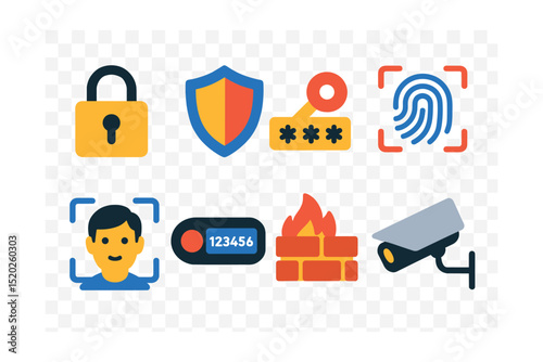 Flat vector icons of cybersecurity basics: lock padlock, shield protection, password key, fingerprint scanner, face recognition, 2FA device, firewall wall, security camera.