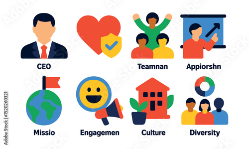 Flat vector icons of leadership and culture: CEO avatar, company values, team building, leadership training, company mission, employee engagement, office culture, diversity inclusion.