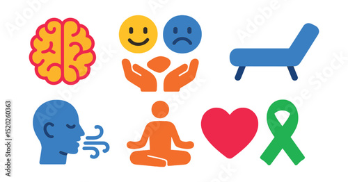 Flat vector icons of mental health awareness: brain, emotions, support hands, therapy couch, breathing exercises, meditation pose, heart symbol, awareness ribbon.