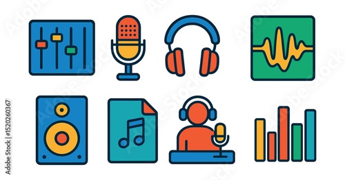 Flat vector icons of music production: mixing console, microphone, headphones, sound wave, studio monitor, audio file, recording session, equalizer.