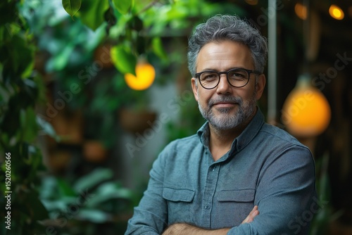 Portrait of a Confident Mid-Age Man in Glasses with a Charming Smile Relaxed Indoors with Greenery Background - Perfect for Fashion Lifestyle and Professional Settings