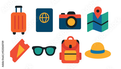 Flat vector icons of travel essentials: suitcase, passport, camera, map, travel ticket, sunglasses, backpack, sunhat.