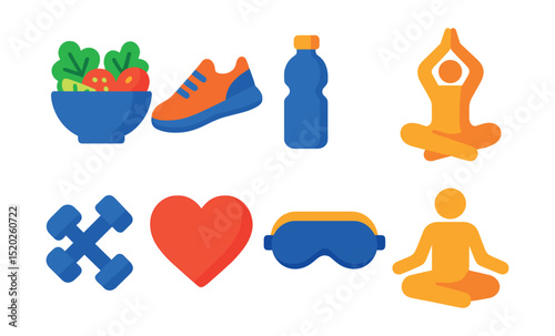 Flat vector icons of healthy lifestyle: salad bowl, running shoes, water bottle, yoga pose, dumbbells, heart icon, sleep mask, meditation.
