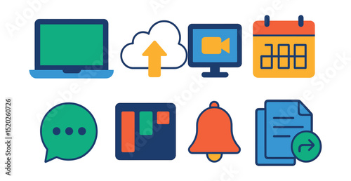 Flat vector icons of digital workspace: laptop, cloud storage, video call, calendar, chat bubble, project board, notification bell, document sharing.
