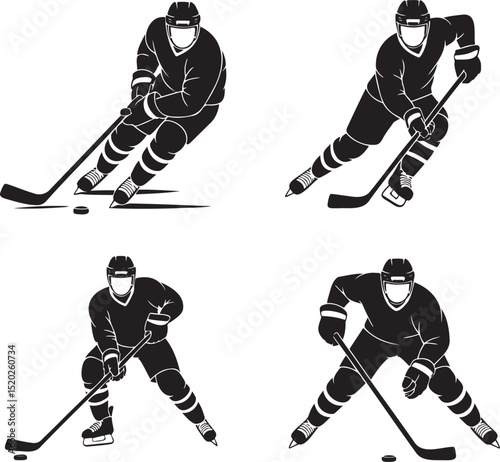 Ice hockey Player silhouette set vector illustration isolated On Transparent Background