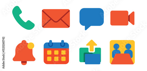 Flat vector icons of office communication: phone, email, chat bubble, video call, notification bell, calendar, file sharing, meeting room.