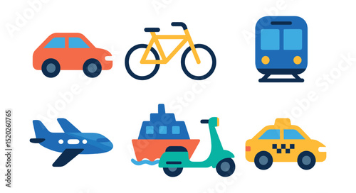 Flat vector icons of transportation modes: car, bicycle, bus, train, airplane, ferry, scooter, taxi.