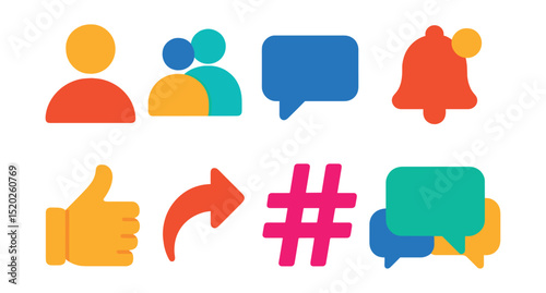 Flat vector icons of social networking: profile, friends, message, notifications, like, share, hashtag, group chat.