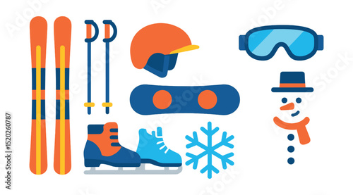 Flat vector icons of winter sports gear: skis, snowboard, ski poles, helmet, goggles, ice skates, snowflake, snowman.