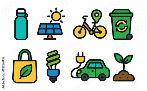 Flat vector icons of eco-friendly habits: reusable water bottle, solar panel, bike sharing, compost bin, cloth shopping bag, energy-saving bulb, electric car, tree seedling.