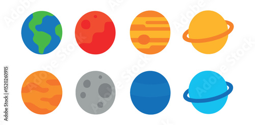 Flat vector icons of planets: Earth, Mars, Jupiter, Saturn, Venus, Mercury, Neptune, Uranus.