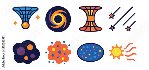 Flat vector icons of space phenomena: gravity well, black hole, wormhole, cosmic rays, dark matter, space dust, cosmic microwave background, solar wind.