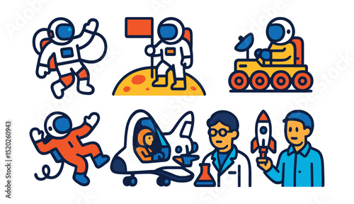 Flat vector icons of astronauts: spacewalk, moon landing, Mars exploration, zero gravity, space shuttle pilot, space scientist, rocket engineer, space tourist.