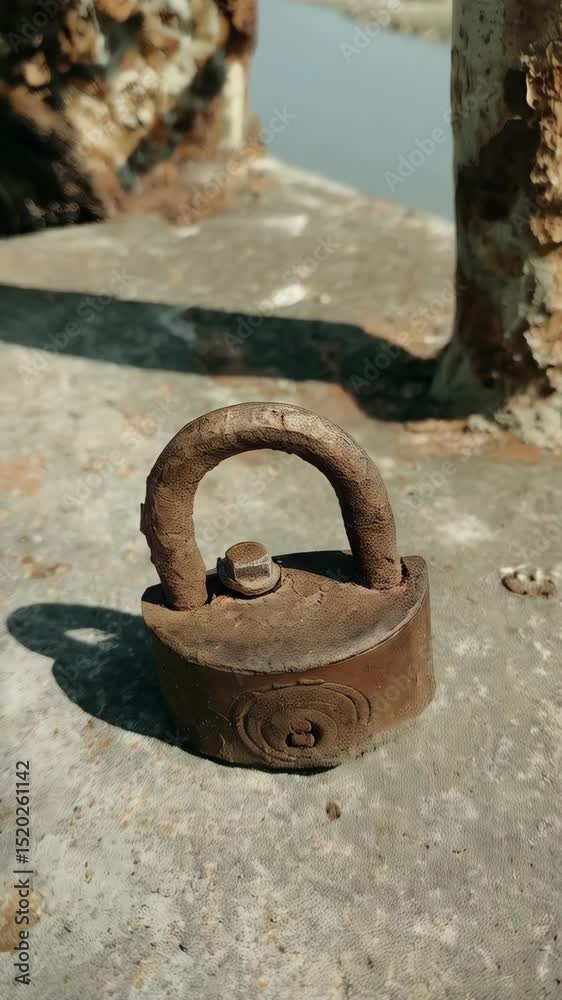 Close-up of a weathered, rusty iron padlock on a concrete surface, near a rusty metal post and waterway, depicting decay and security. Close-up of a weathered, rusty iron padlock on a concrete surface, near a rusty metal post and waterway, depicting decay and security.