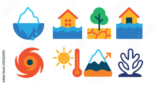 Flat vector icons of climate change effects: melting iceberg, rising sea level, drought, flooding, hurricane, heatwave, glacier retreat, coral bleaching.