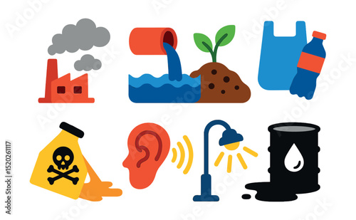 Flat vector icons of pollution types: air pollution, water pollution, soil contamination, plastic waste, chemical spill, noise pollution, light pollution, oil spill.