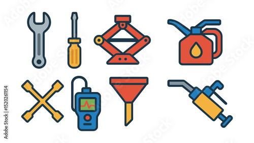 Flat vector icons of car maintenance tools: wrench, screwdriver, jack, oil can, tire iron, diagnostic scanner, funnel, grease gun.