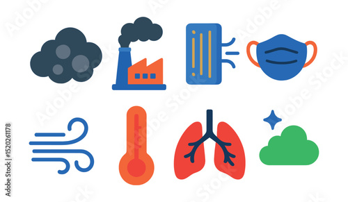 Flat vector icons of air quality: pollution cloud, factory smoke, air filter, mask, wind, thermometer, lungs, clean air.