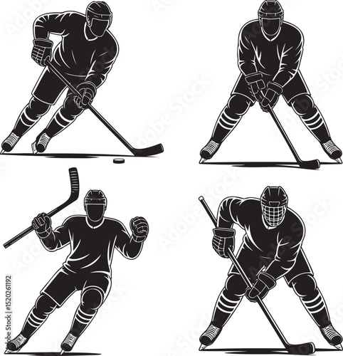 Ice hockey Player silhouette set vector illustration isolated On Transparent Background
