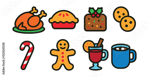 Flat vector icons of festive food: roasted turkey, pie, fruitcake, cookies, candy cane, gingerbread man, mulled wine, hot chocolate.
