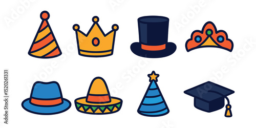 Flat vector icons of celebration hats: party cone hat, crown, tiara, top hat, fedora, sombrero, birthday cap, graduation cap.