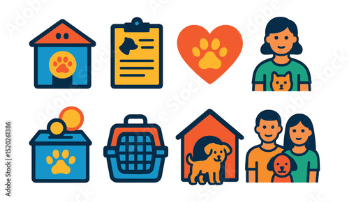 Flat vector icons of pet shelter and adoption: animal shelter building, adoption form, heart with paw print, pet volunteer, donation box, pet transport, new home, family with pet.